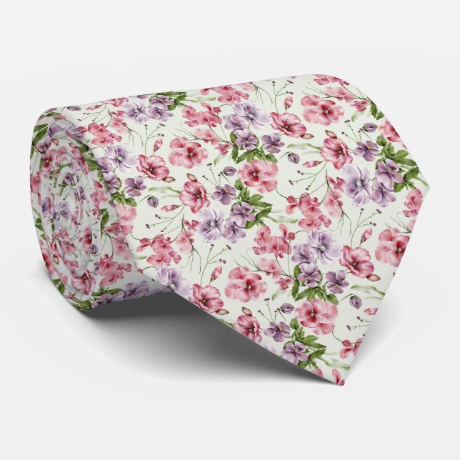 Cravate Fleurs aquarelle rose (Roulé)