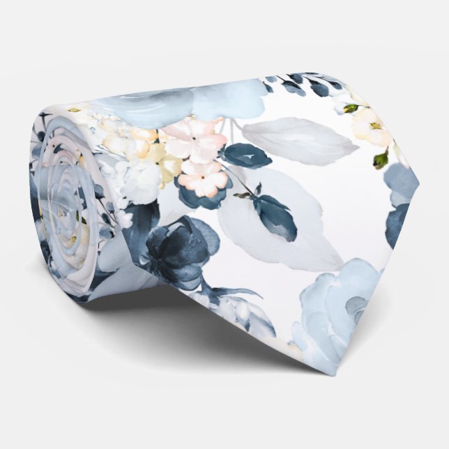 Cravate Fleurs Aquarelle Roses Bleu Poussiéreux Navy (Roulé)