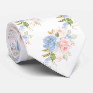 Cravate Fleurs aquarelle Roses Bleu Poussiéreux Rose Pouss