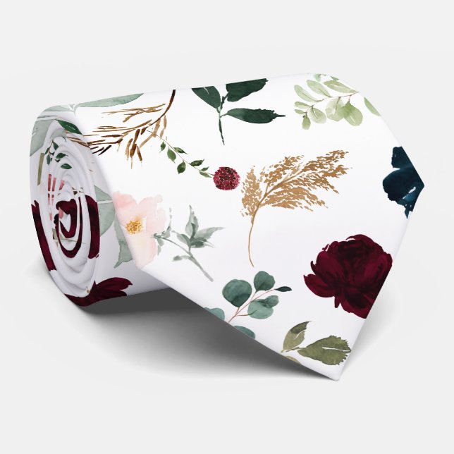 Cravate Fleurs aquarelle Roses Bourdon Blush Navy (Roulé)