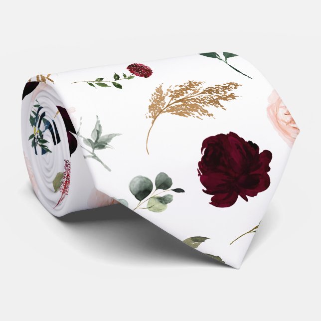 Cravate Fleurs aquarelle Roses Bourdon Blush Navy (Roulé)