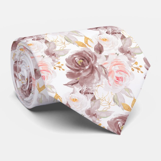 Cravate Fleurs aquarelle Roses poussiéreuses Rose pâle Ros (Roulé)