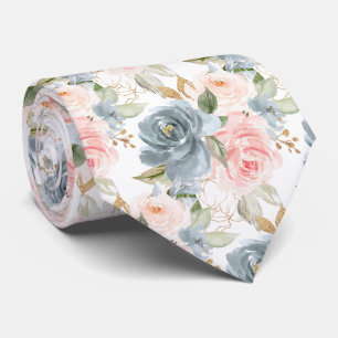 Cravate Fleurs aquarelle Roses roses bleu ardoise  