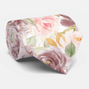 Cravate Fleurs aquarelle Roses roses poudrées blush rose