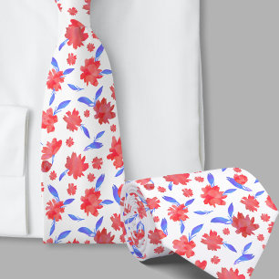 Cravate Fleurs aquarelles modernes rouges bleues
