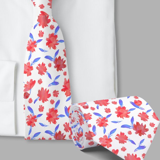 Cravate Fleurs aquarelles modernes rouges bleues (Créateur téléchargé)