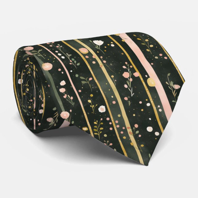 Cravate Fleurs aquarelles rayées vert foncé or rose hommes (Roulé)