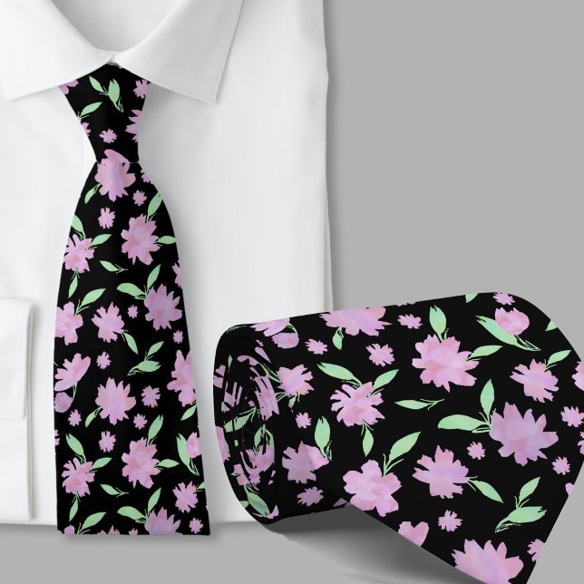Cravate Fleurs aquarelles roses et vertes modernes (Créateur téléchargé)