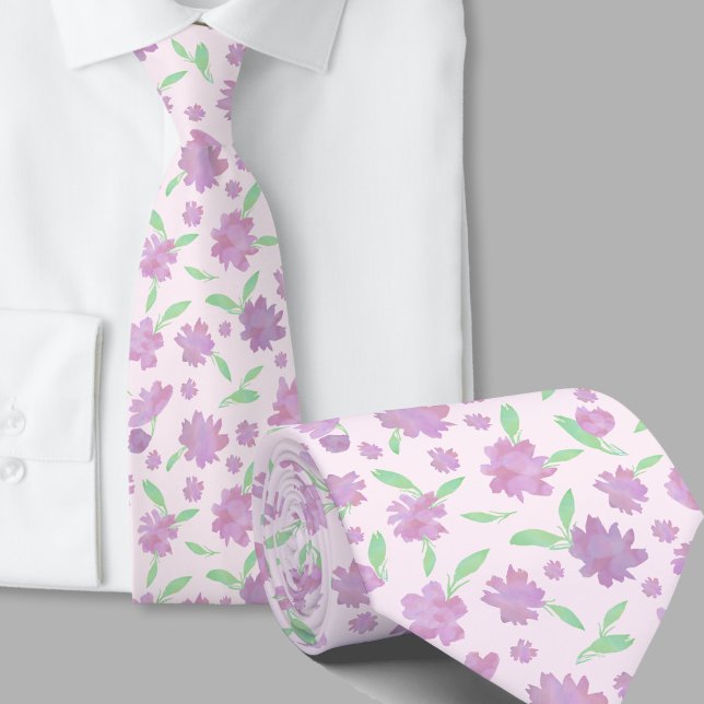 Cravate Fleurs aquarelles roses et vertes modernes (Créateur téléchargé)