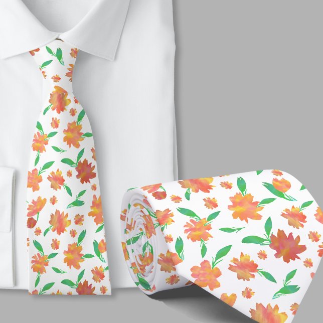 Cravate Fleurs aquarelles vertes orange modernes (Créateur téléchargé)