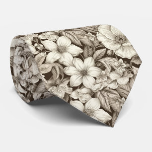 Cravate Fleurs au style antique sépia avec fin travail de