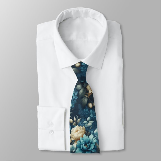 Cravate Fleurs audacieuses en bleu et délicates en crème  (Attaché)