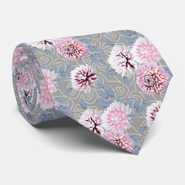 Cravate Fleurs blanches et roses sur gris. (Roulé)
