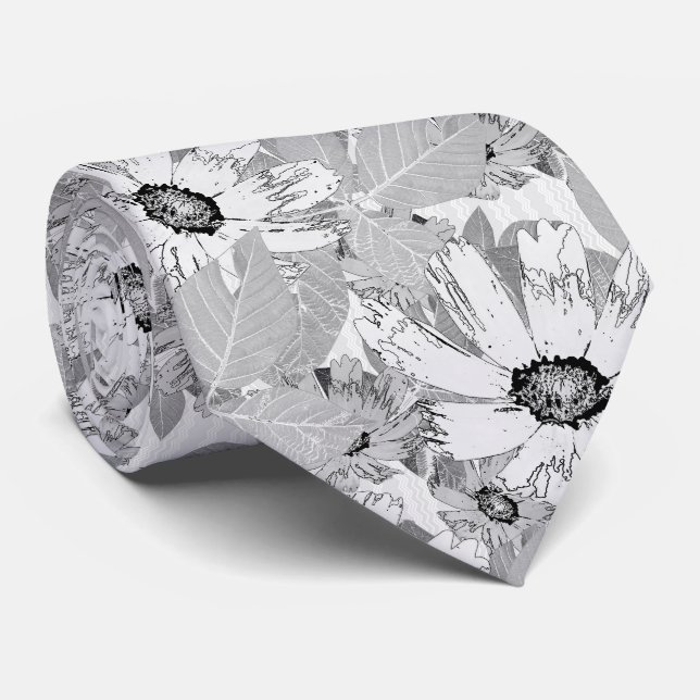 Cravate Fleurs blanches sur gris clair. (Roulé)