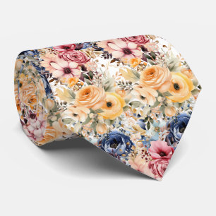 Cravate Fleurs Bleu Navy Poussiéreux et Rose Péché Floral