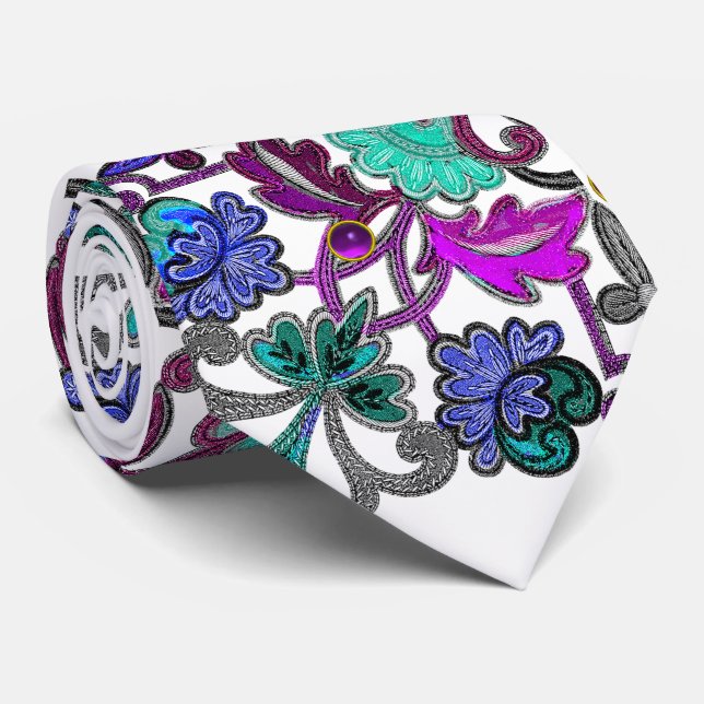 Cravate FLEURS BLEU TURQUOISE VIOLET ,GEMMES Floral blanc (Roulé)