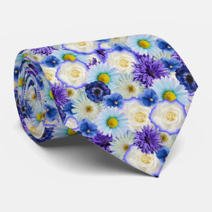 Cravate Fleurs bleues blanches et jaunes Collage floral