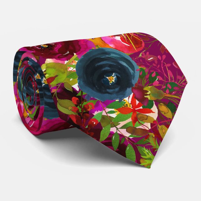 Cravate Fleurs Bordeaux Rose Navy Aquarelle Mariage (Roulé)