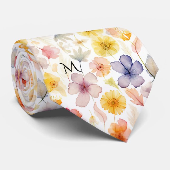 Cravate Fleurs Botaniques Pastel de Style Aquarelle (Roulé)