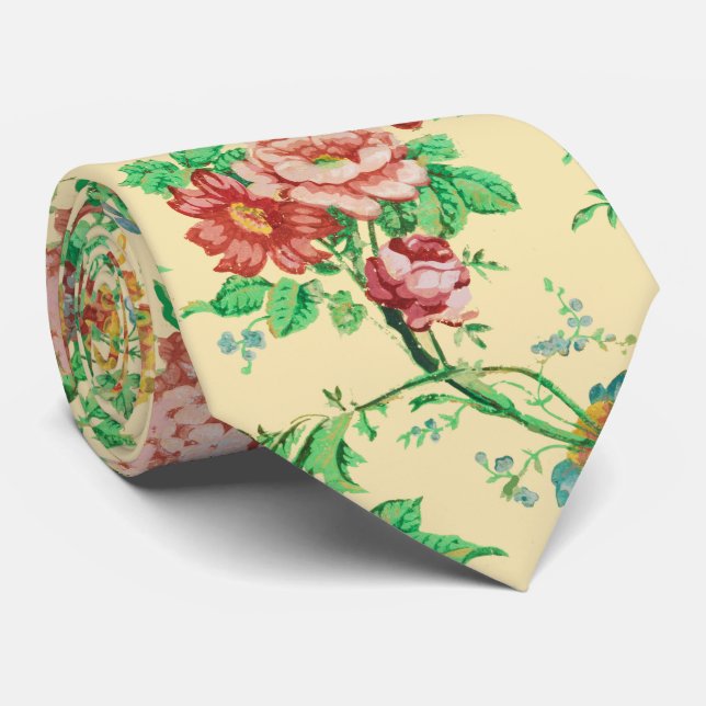 Cravate FLEURS COLORÉES ET MOTIFS FLORAUX FEUILLE Ivoire (Roulé)