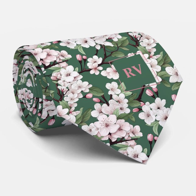 Cravate Fleurs d'aquarelle Monogrammed Wild Cherry Blossom (Roulé)