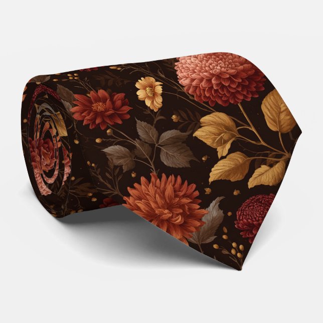 Cravate Fleurs d'automne Dahlia Mariage d'automne (Roulé)