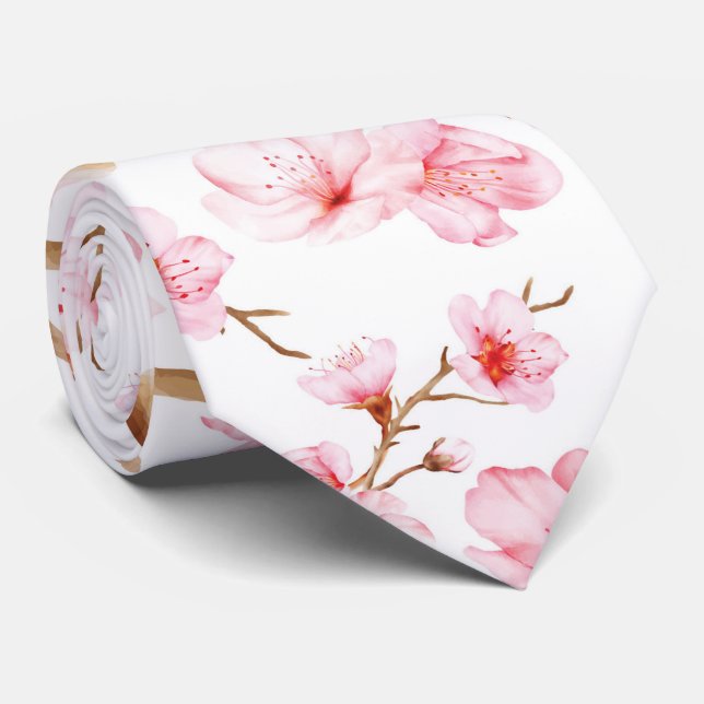 Cravate Fleurs de cerisier à l'aquarelle rose blanc (Roulé)