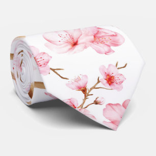 Cravate Fleurs de cerisier à l'aquarelle rose blanc