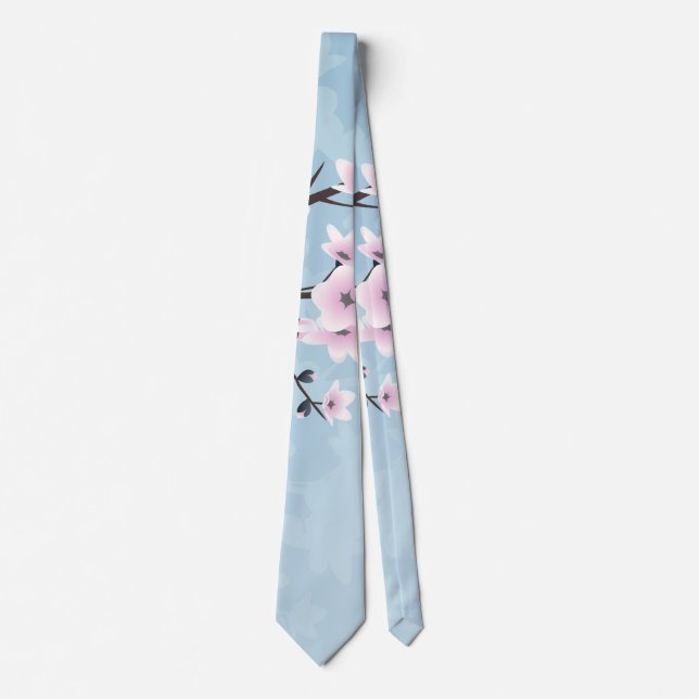 Cravate Fleurs de cerisier rose poudré bleu pâle (Devant)