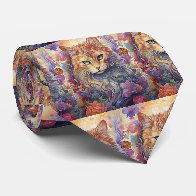 Cravate Fleurs de chat arc-en-ciel papillon Boho (Roulé)