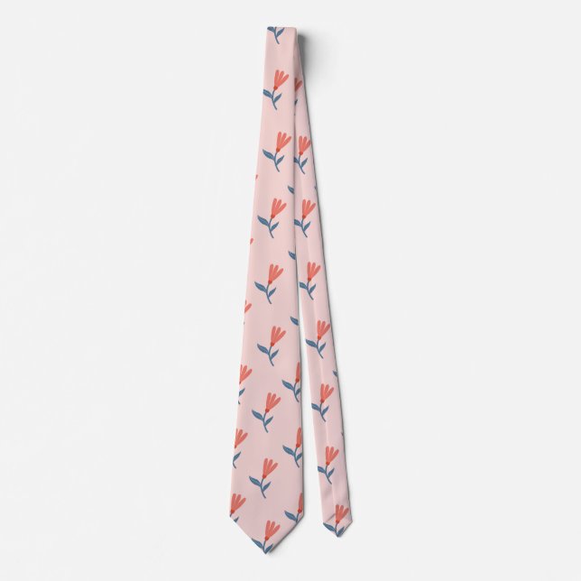 Cravate Fleurs de corail doux et motif de feuilles bleues (Devant)