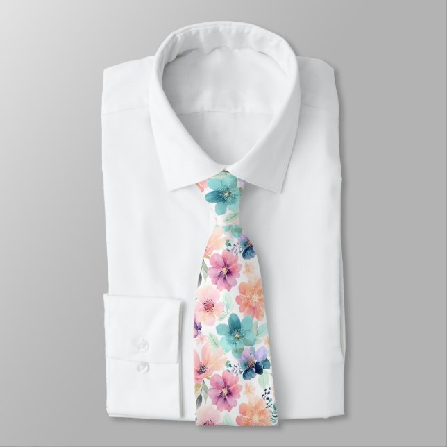Cravate Fleurs de Floral Aquarelle Douce en Rose Bleu  (Attaché)