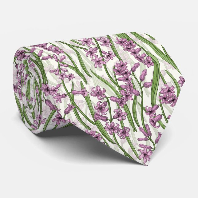 Cravate Fleurs de Hyacinth rose sur blanc naturel (Roulé)