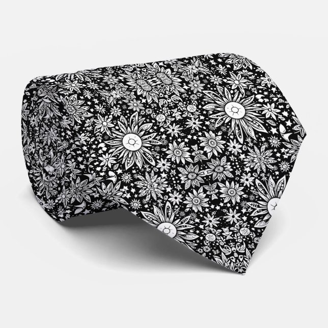 Cravate Fleurs de l'espace Floral Motif noir et blanc (Roulé)