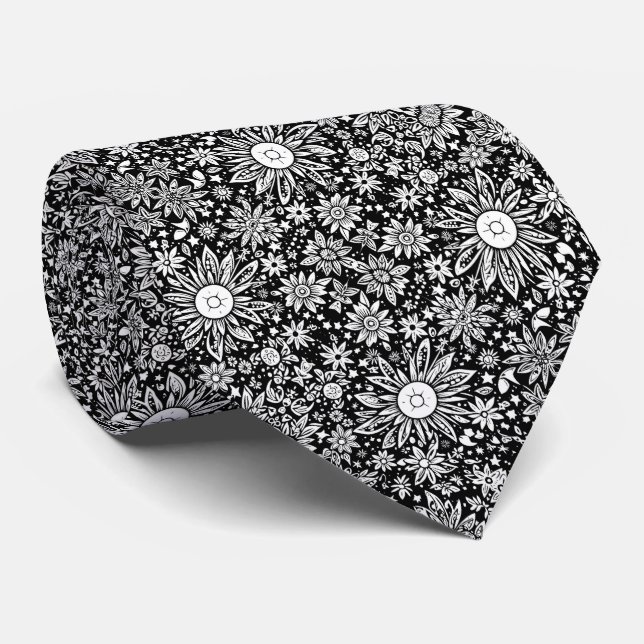 Cravate Fleurs de l'espace Floral Motif noir et blanc (Roulé)