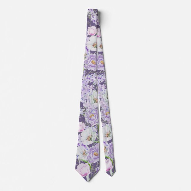 Cravate Fleurs de lilas à l'aquarelle sur violet (Devant)