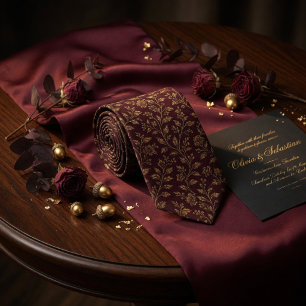 Cravate Fleurs de luxe en or vintage sur bordeaux foncé ma