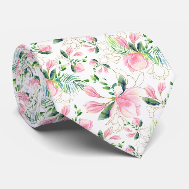 Cravate Fleurs de Magnolia rose avec motifs de Filigree d' (Roulé)