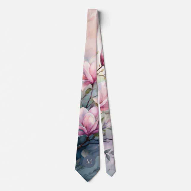 Cravate Fleurs de magnolia rose botanique monogrammé (Devant)