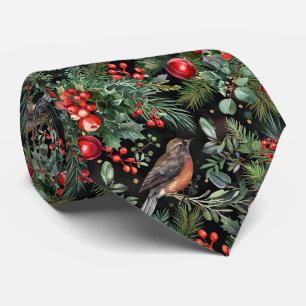 Cravate Fleurs de Noël Élégantes et Festives avec Oiseaux