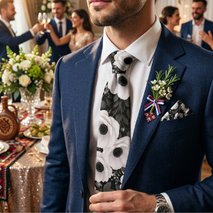 Cravate Fleurs de pavot noir et blanc