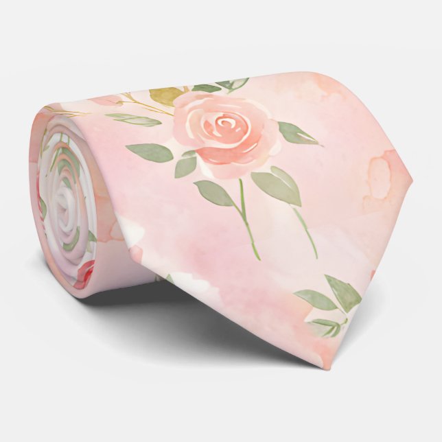 Cravate Fleurs de pêche roses petites aquarelles abstraite (Roulé)