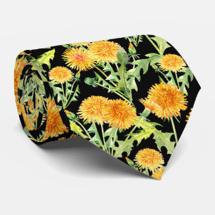 Cravate Fleurs de pissenlit jaunes sur fond noir