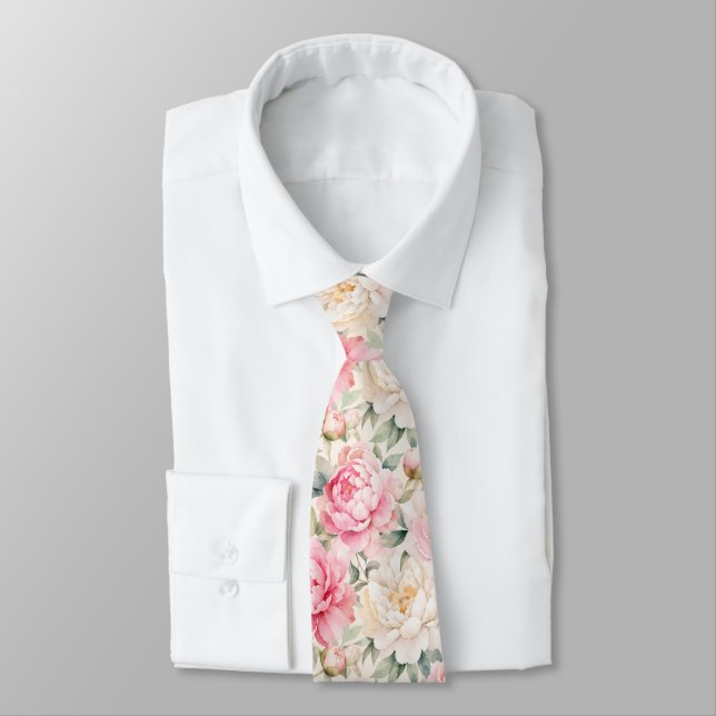 Cravate Fleurs de pivoine à l'aquarelle pastel doux (Attaché)