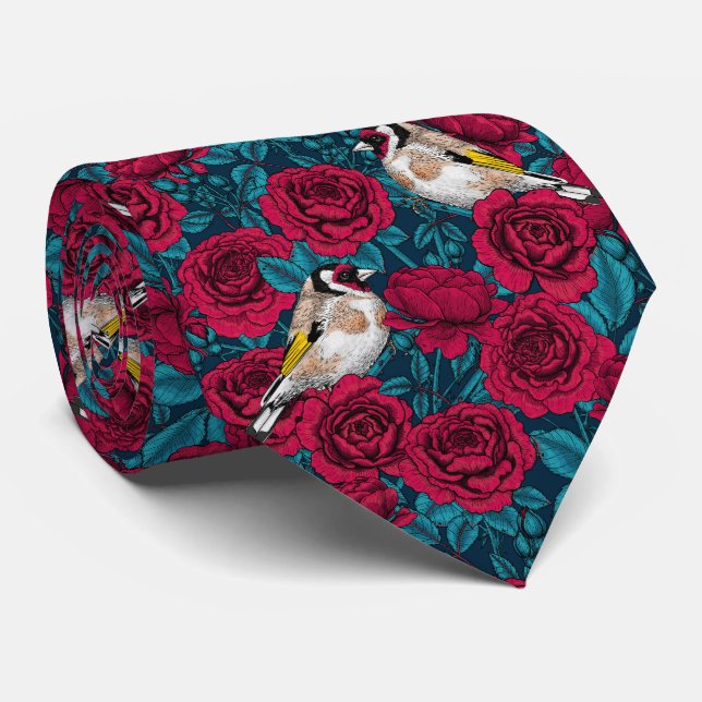 Cravate Fleurs de roses rouges et oiseaux d'or (Roulé)