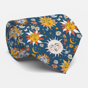 Cravate Fleurs de soleil et de lune en bleus et jaunes