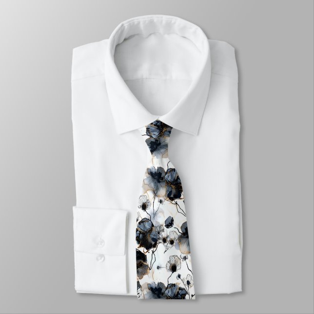 Cravate Fleurs de style noir blanc or moderne  (Attaché)