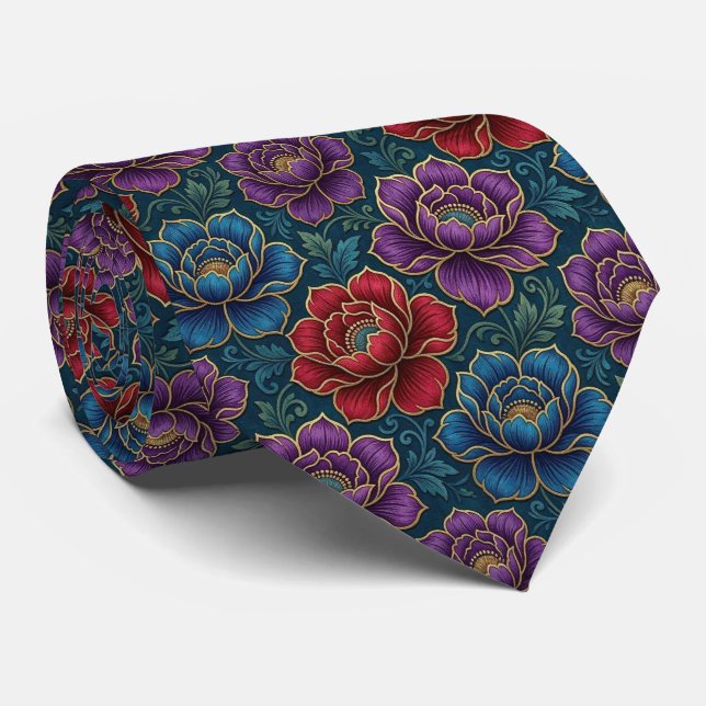 Cravate Fleurs de Teinte de Bijou avec Accents Dorés (Roulé)