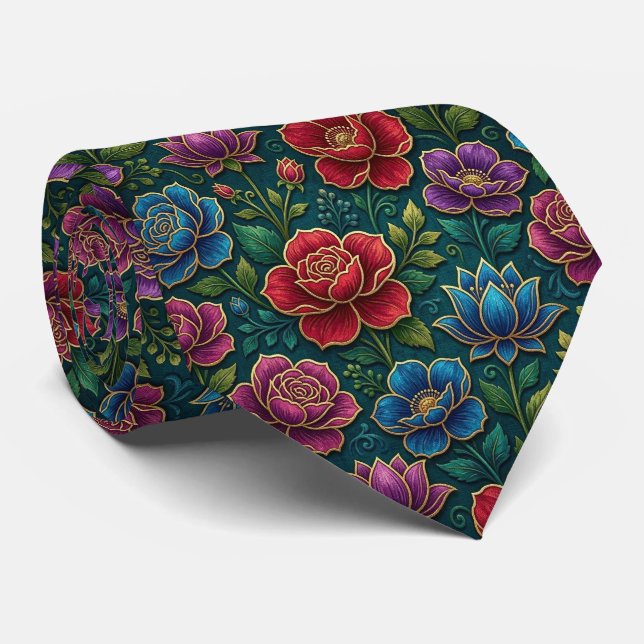 Cravate Fleurs de Teinte de Bijou avec Accents Dorés (Roulé)