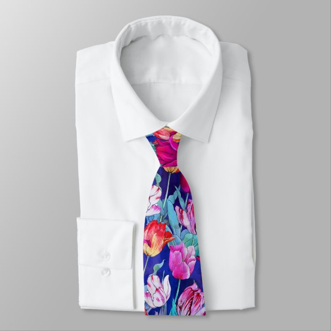 Cravate Fleurs de tulipes magenta violet rose rouge blanc  (Attaché)